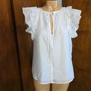 Antonio Melani Womens Blouse Top White Small Ruffle Flutter Sleeve Tie Neck